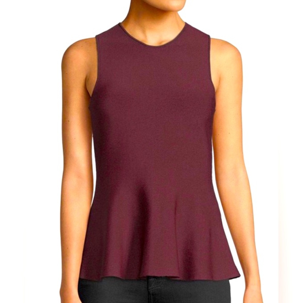 Theory Sleeveless Peplum Scuba Blouse Large Marled Burgundy Red Stretch Office